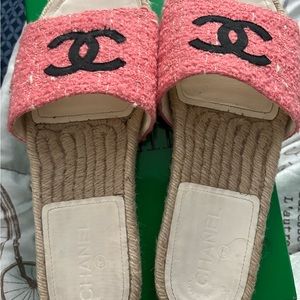 Chanel Pink Tweed Black CC Logo Espadrilles